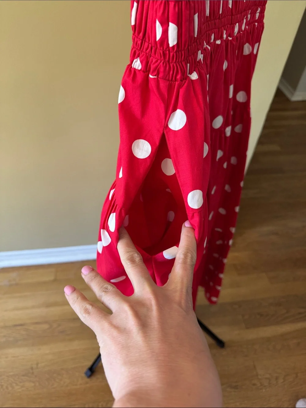 NWOT En Saison Red Polka Dot Midi Dress with White Ties - Picture 3 of 8